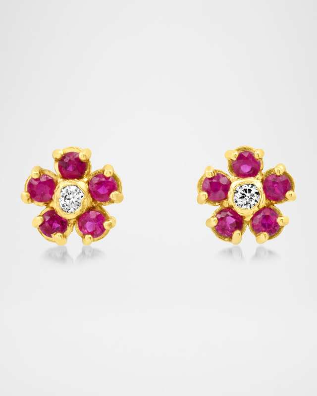 18K Yellow Gold Mini Flower Stud Earrings with Rubies and Diamonds